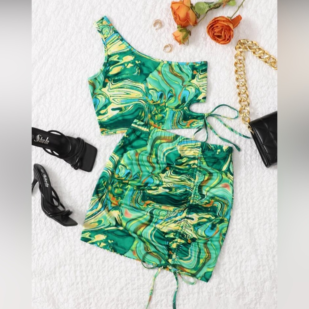 Green Swirl Crop Top and Skirt Set